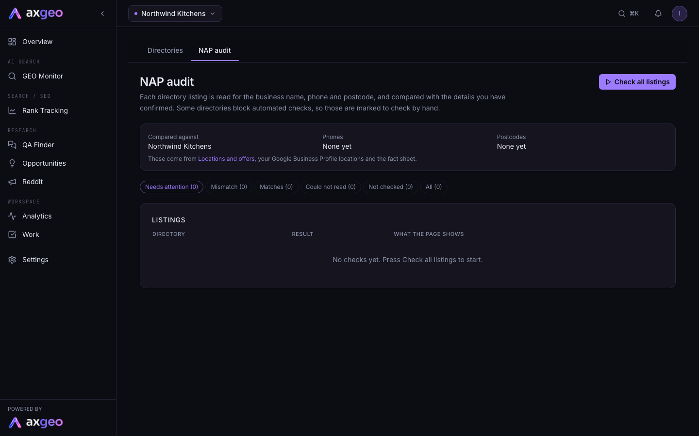 The NAP audit tab with the details being compared and a table of listing results