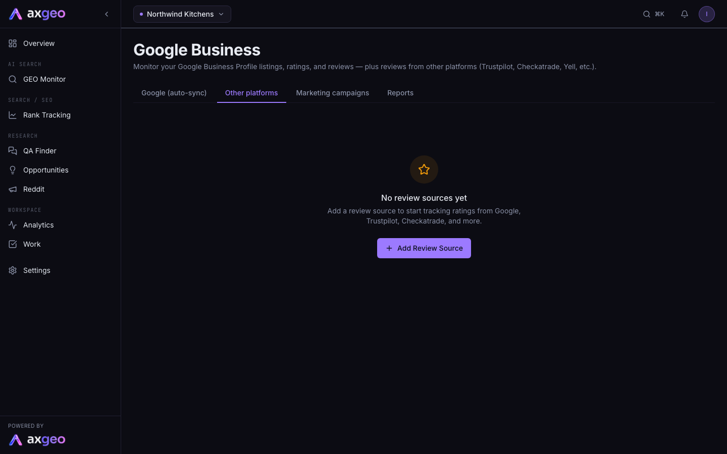 The Other platforms tab with average rating, total reviews, review velocity and review sources