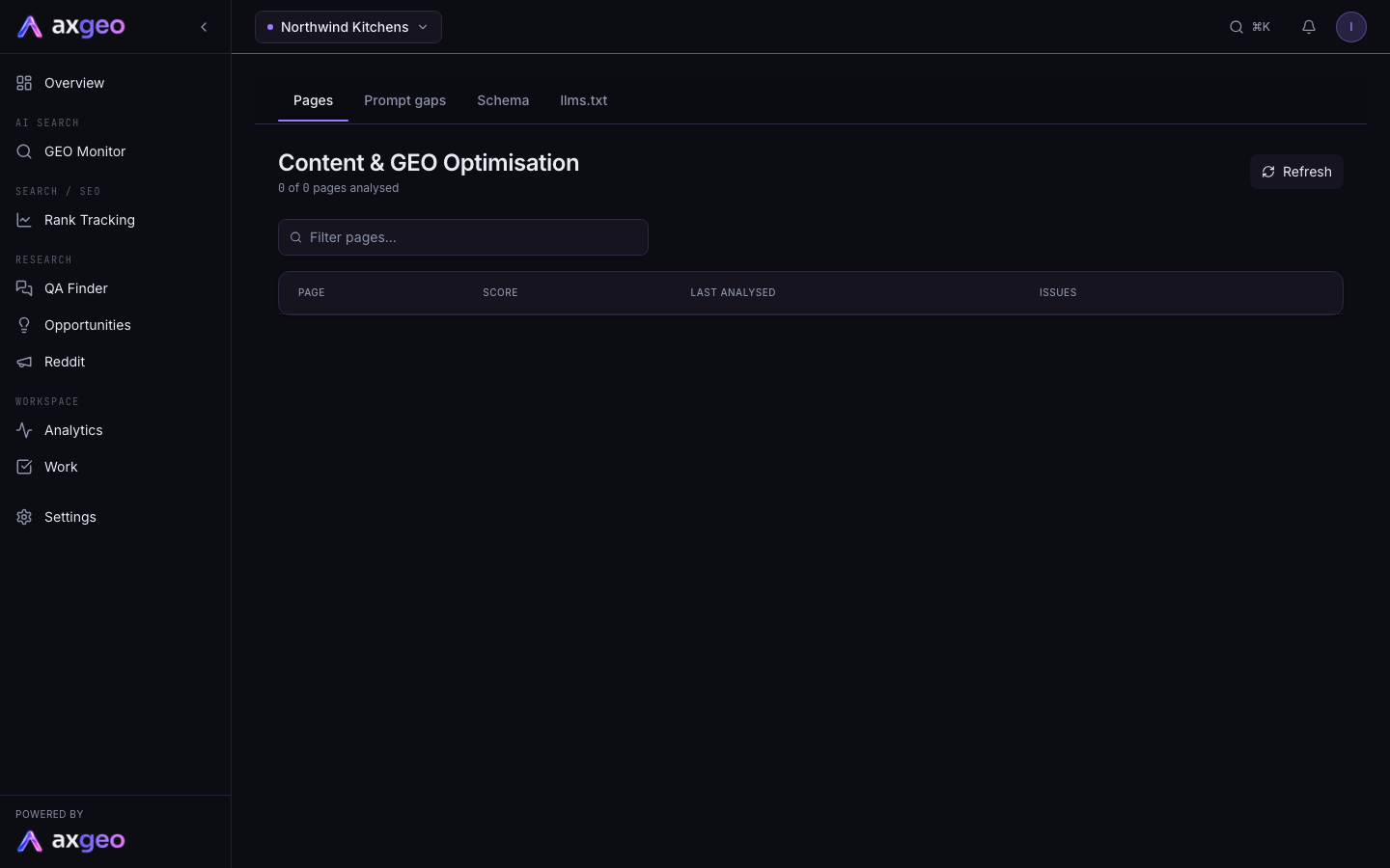 The Content section on the Pages tab, listing pages with scores and issue counts