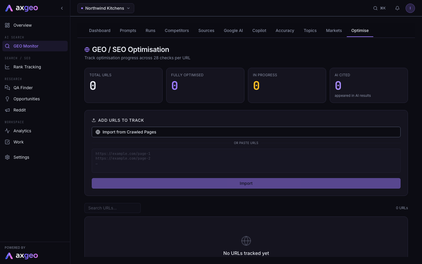 The Optimise tab with progress cards and a list of pages with checklists