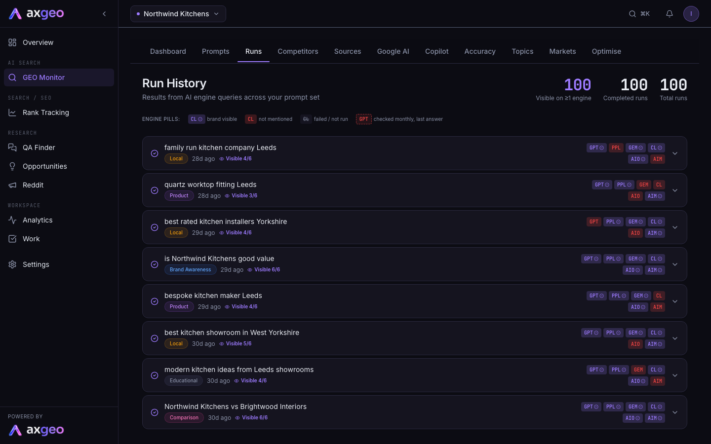 The Runs tab showing a list of runs with engine pills and one run expanded