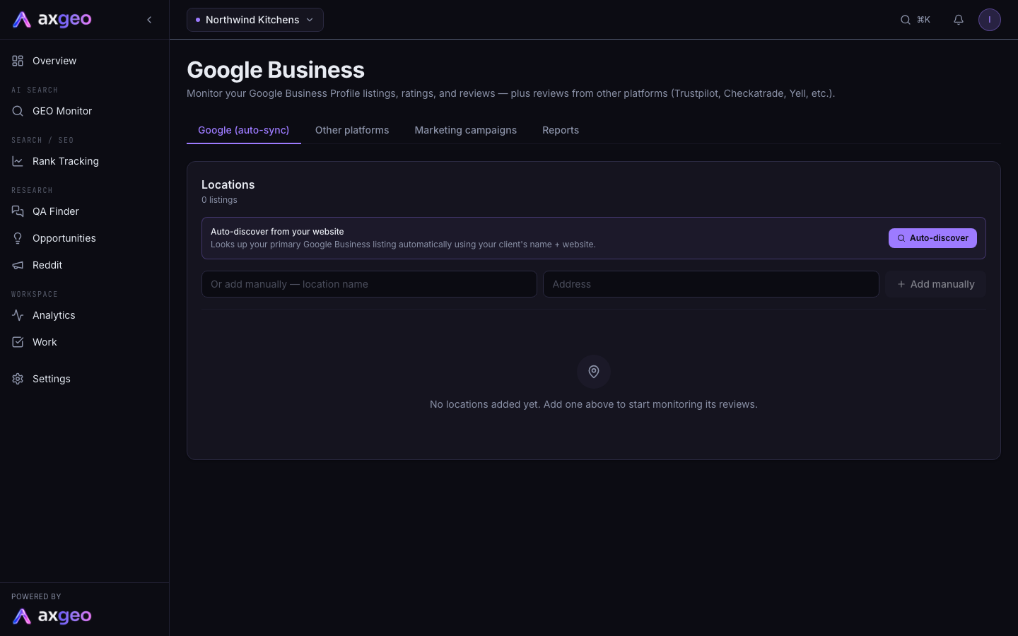 The Google Business page showing average rating, total reviews and a list of locations