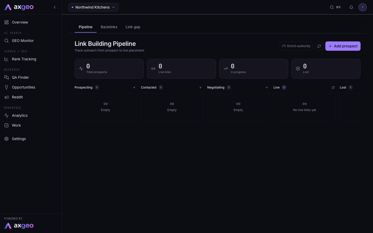 The Link Building Pipeline board with prospect cards in stage columns