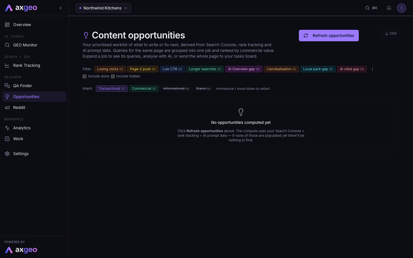 The Content opportunities page with filter chips, intent chips and a list of jobs