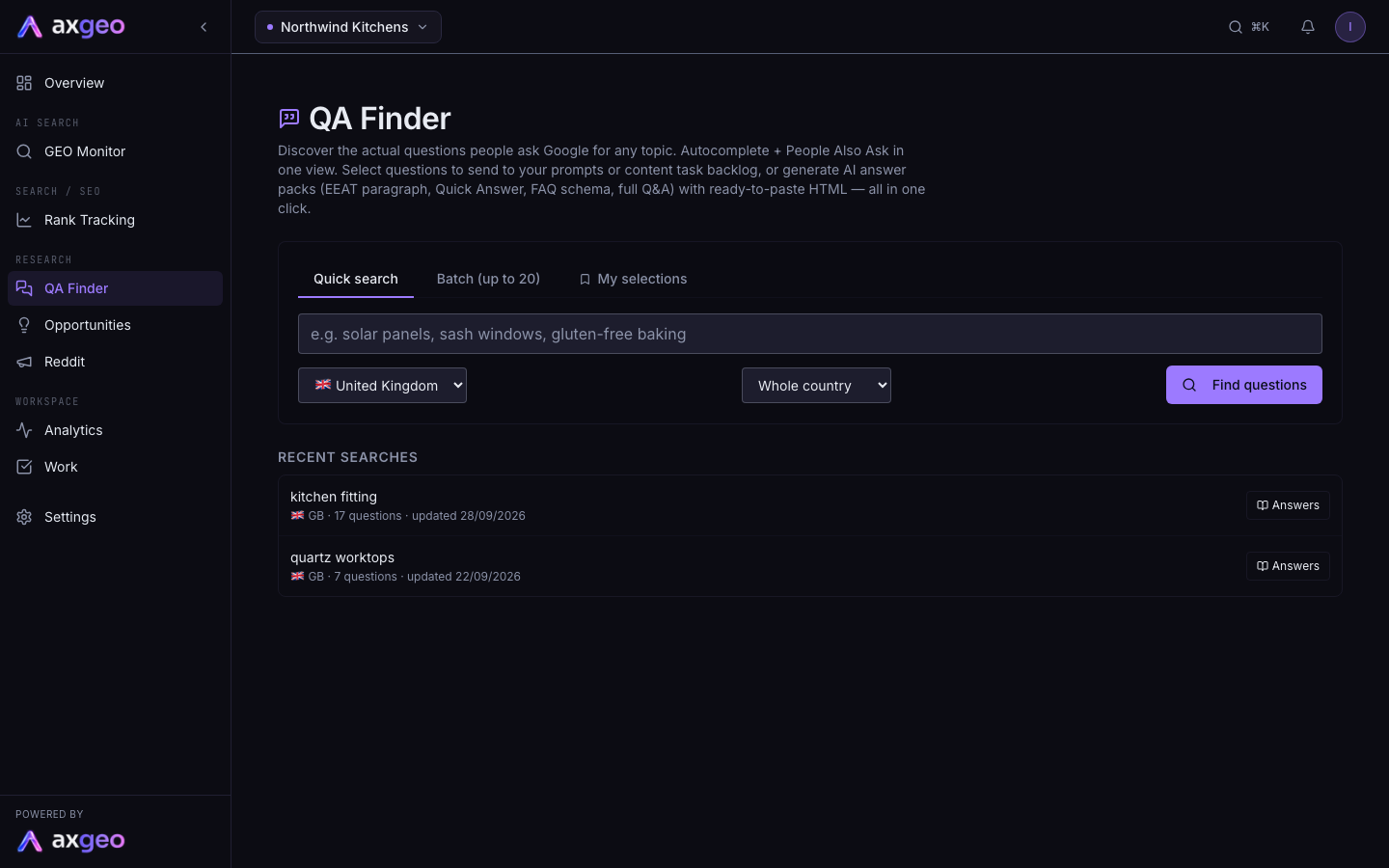 QA Finder search results for a kitchen topic, with People Also Ask and autocomplete questions