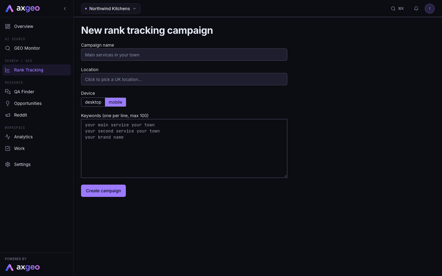 The New rank tracking campaign form with name, location, device and keywords