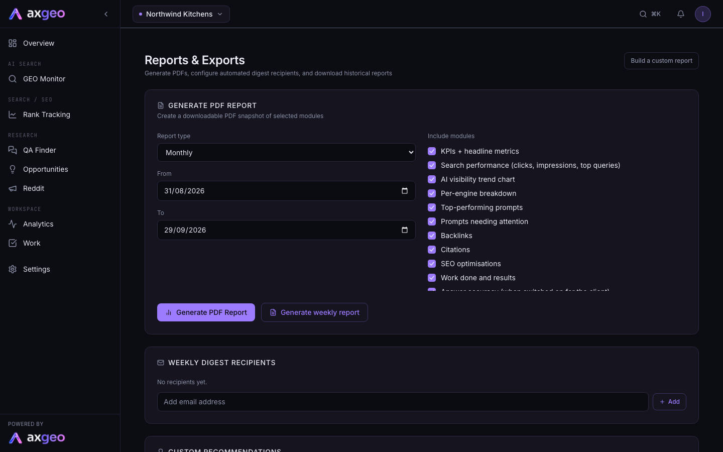 The Reports & Exports page with the report form, digest recipients and recent reports