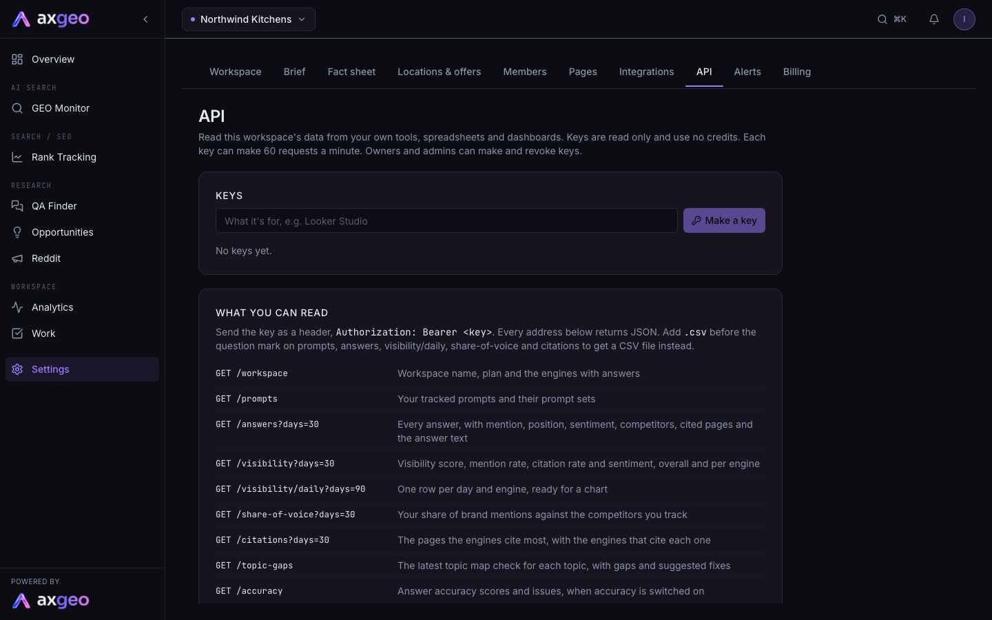 The API tab with the Keys card and the list of data addresses