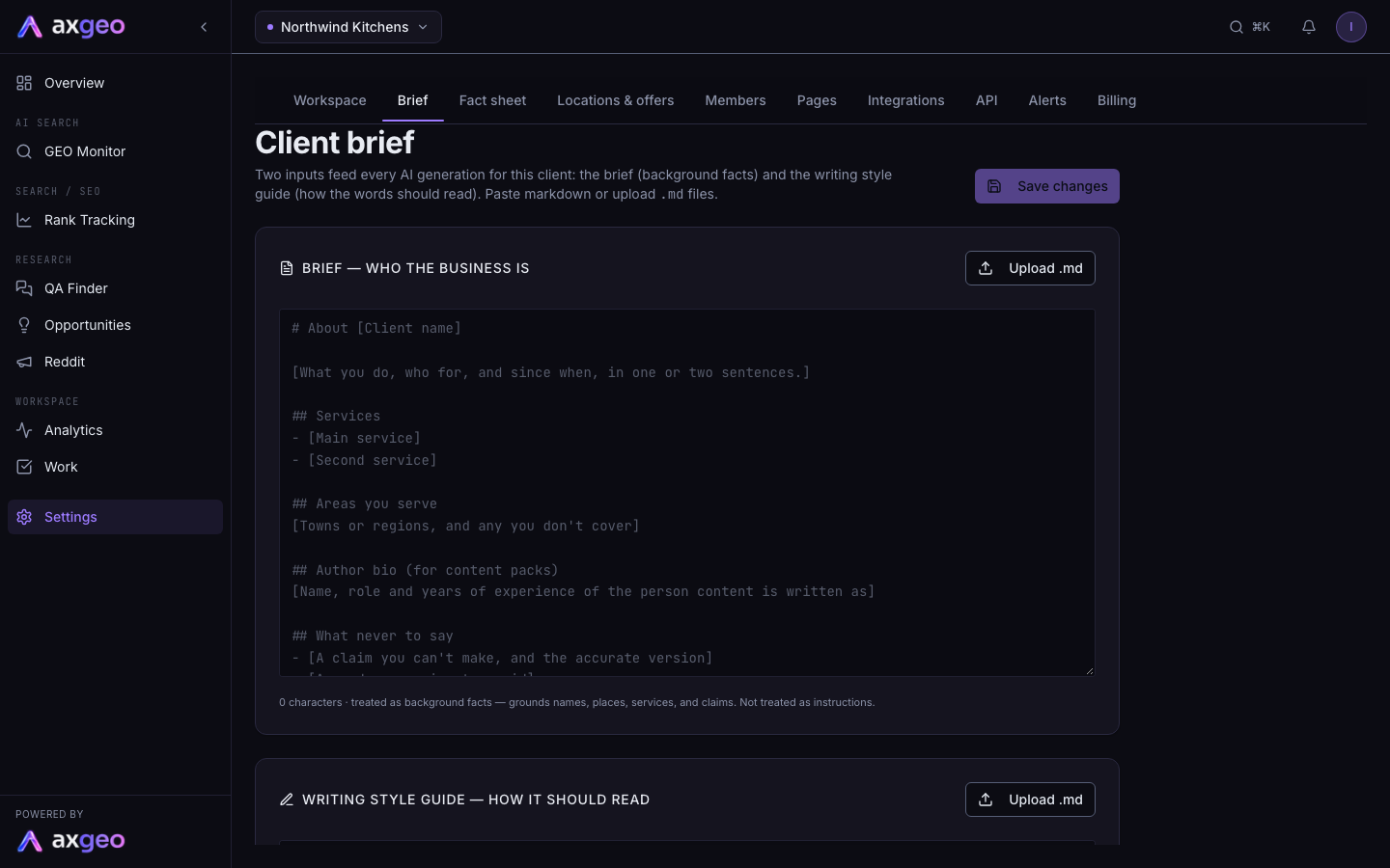The Brief tab with the brief and writing style guide boxes