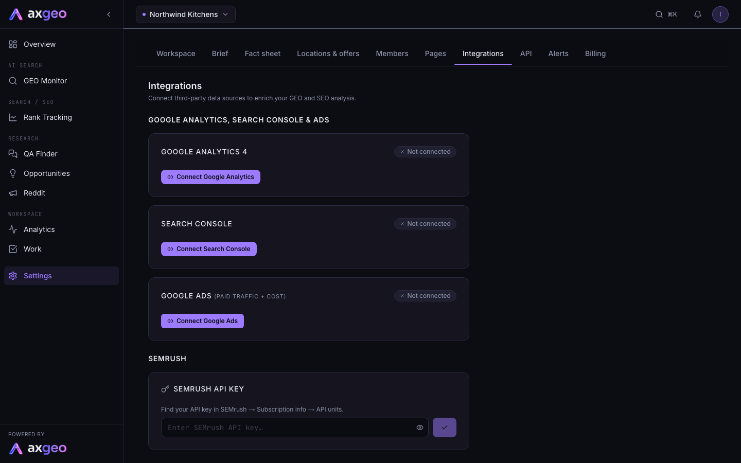 The Integrations tab with the Google Analytics 4 and Search Console cards