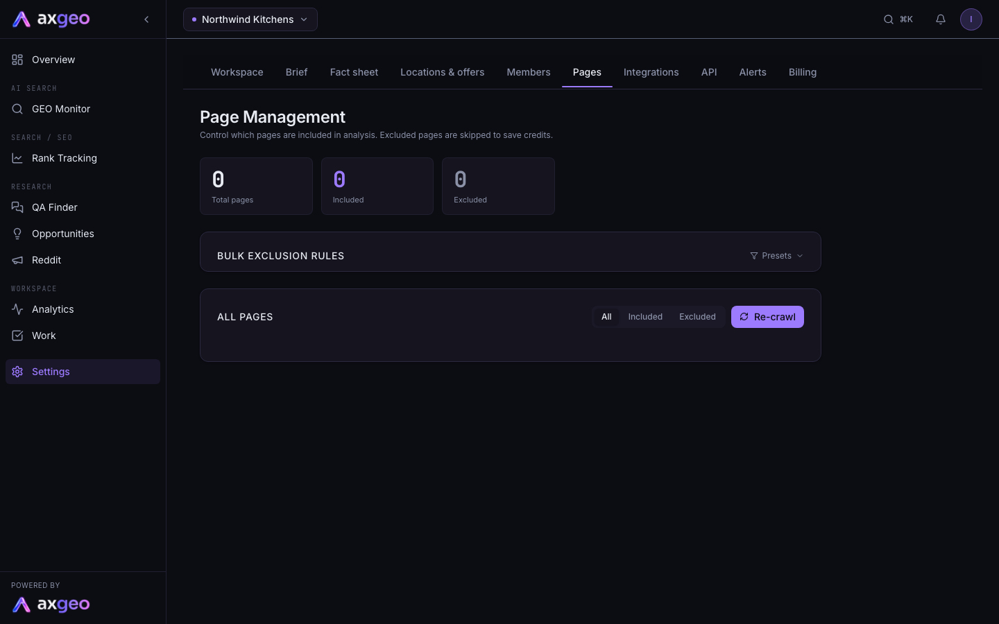 The Page Management screen in Settings with bulk exclusion rules and the page list