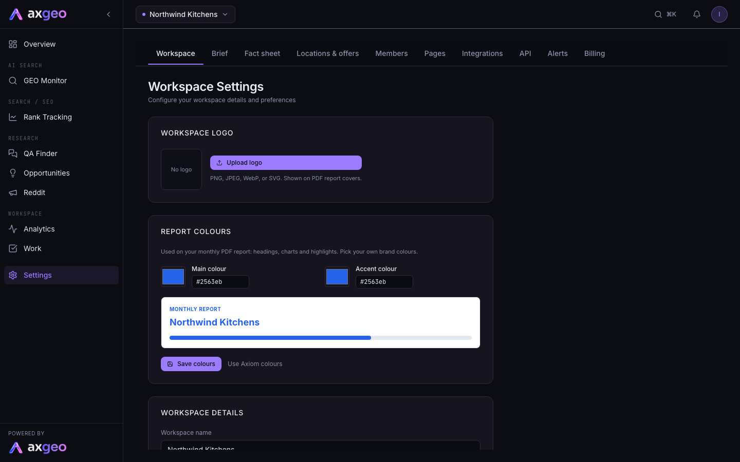 The Workspace settings tab with the logo, report colours and details cards