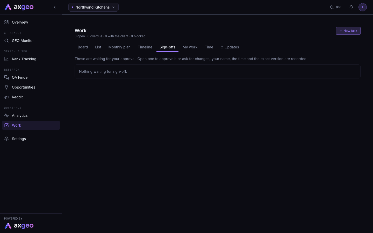 The Sign-offs view listing tasks waiting for approval