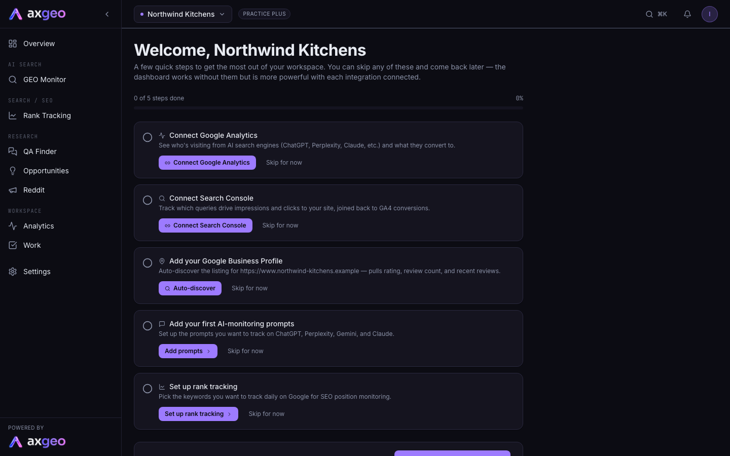 The Welcome checklist with set-up steps and a progress bar